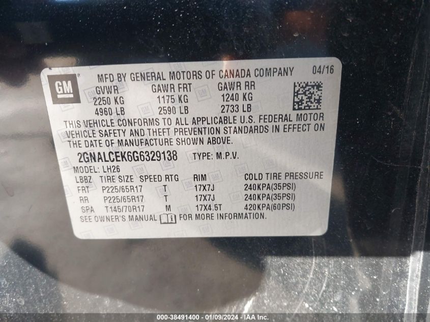 2016 CHEVROLET EQUINOX LT - 2GNALCEK6G6329138