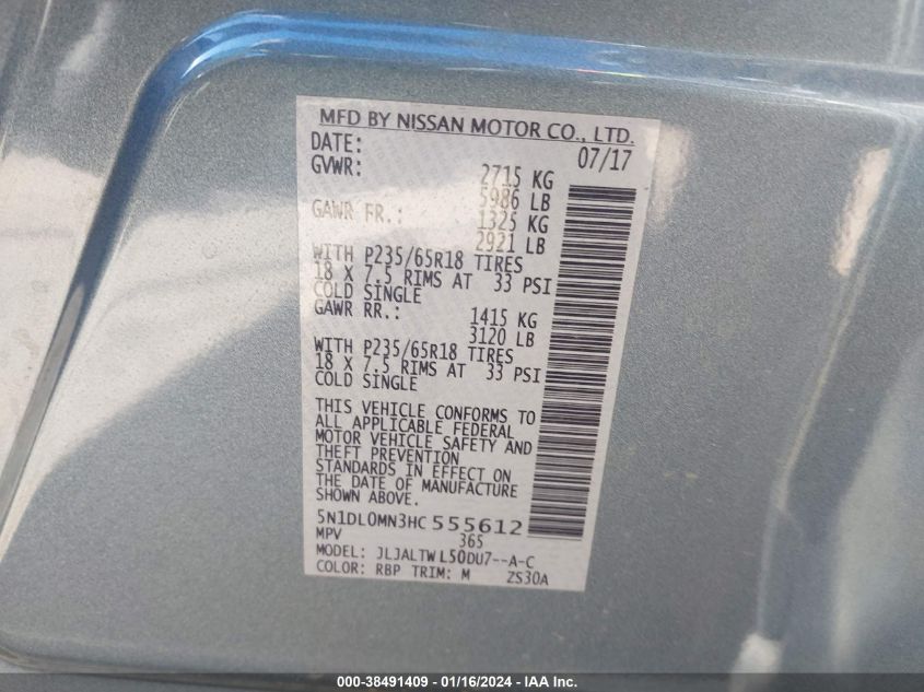 2017 INFINITI QX60 - 5N1DL0MN3HC555612