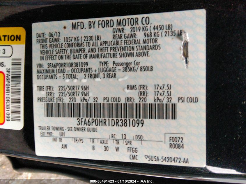 2013 FORD FUSION SE - 3FA6P0HR1DR381099