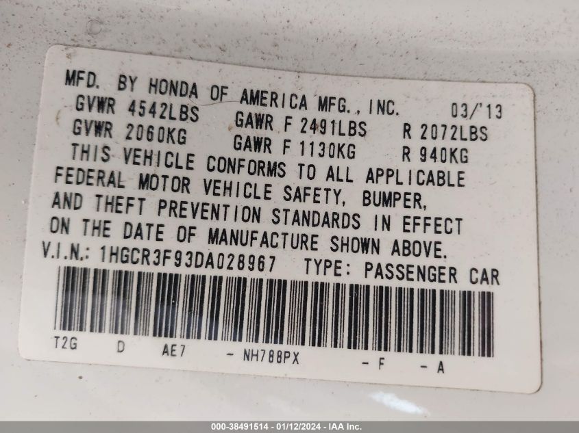2013 HONDA ACCORD TOURING - 1HGCR3F93DA028967