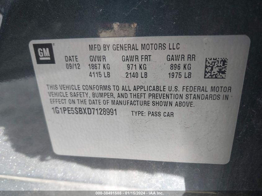 2013 CHEVROLET CRUZE LT - 1G1PE5SBXD7128991