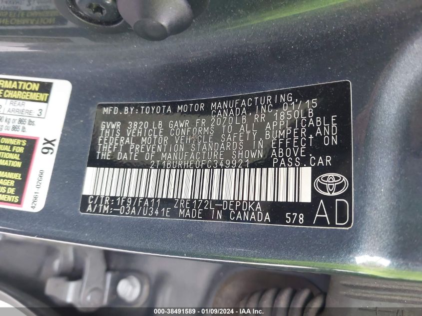 2015 TOYOTA COROLLA L - 2T1BURHE0FC349921