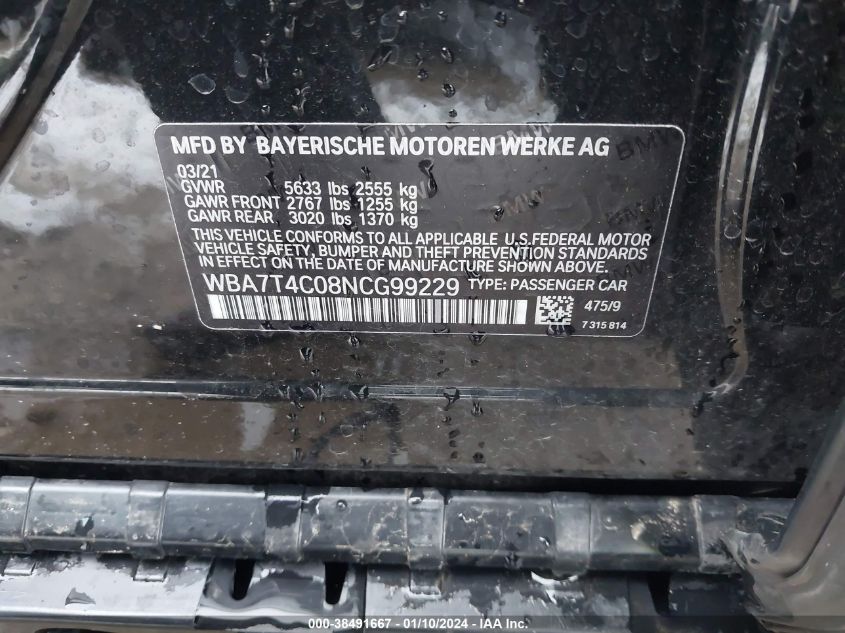 2022 BMW 740I XI - WBA7T4C08NCG99229