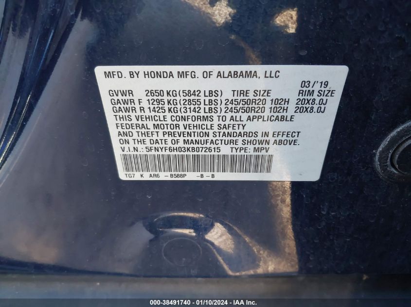 2019 HONDA PILOT ELITE - 5FNYF6H03KB072615