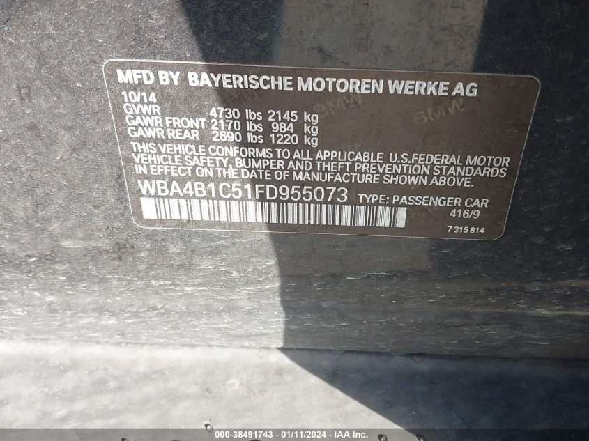 2015 BMW 435I GRAN COUPE WBA4B1C51FD955073