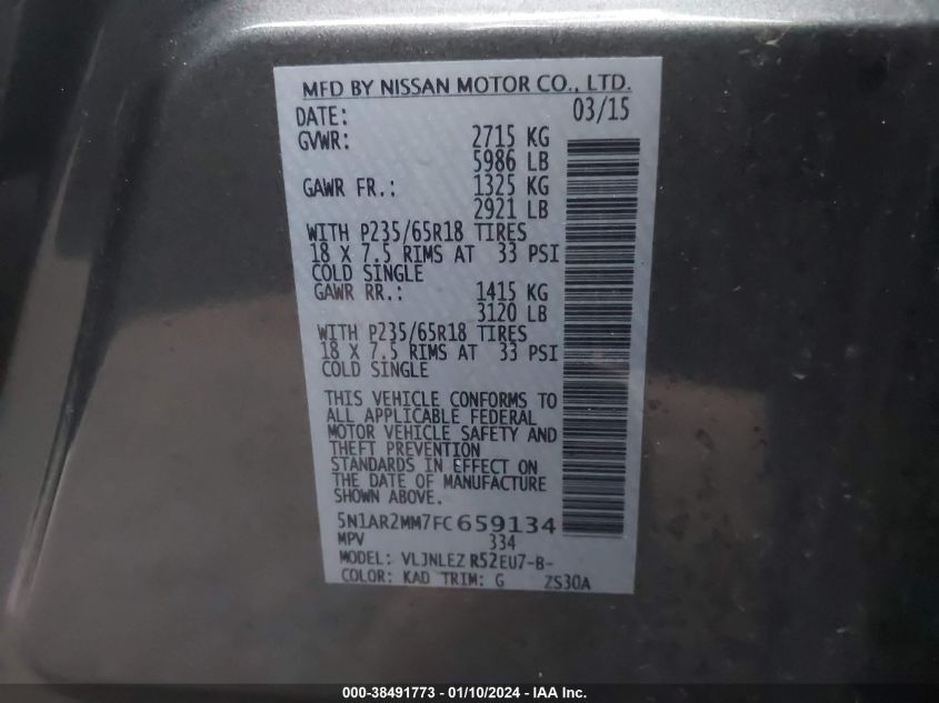 2015 NISSAN PATHFINDER S/SV/SL/PLATINUM - 5N1AR2MM7FC659134