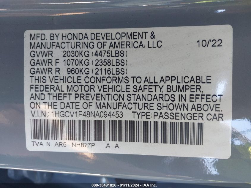 2022 HONDA ACCORD SPORT SE - 1HGCV1F48NA094453