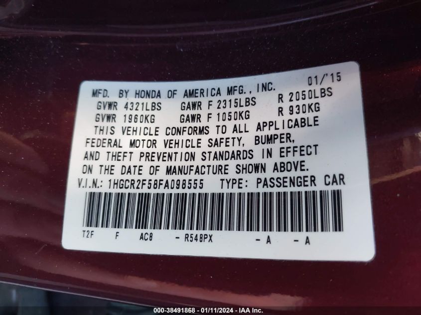 2015 HONDA ACCORD SPORT - 1HGCR2F58FA098555