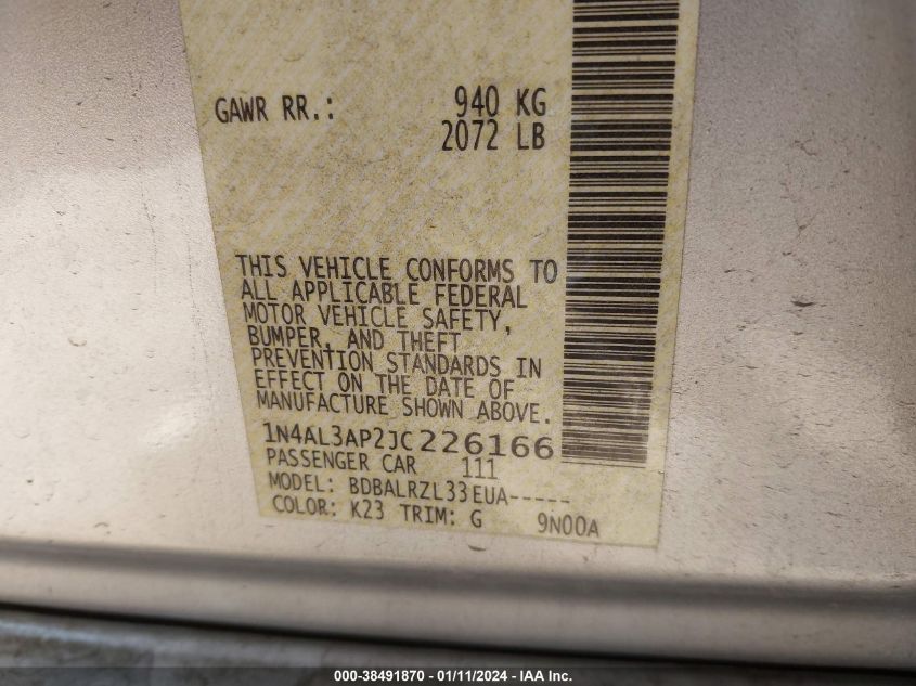 2018 NISSAN ALTIMA 2.5/S/SV/SL/SR - 1N4AL3AP2JC226166