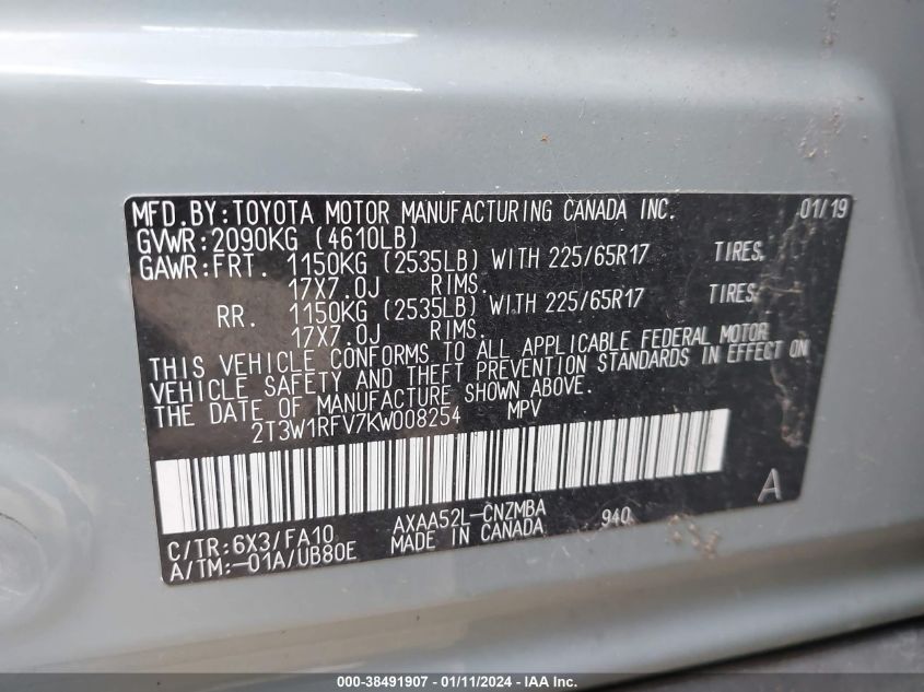 2019 TOYOTA RAV4 XLE - 2T3W1RFV7KW008254