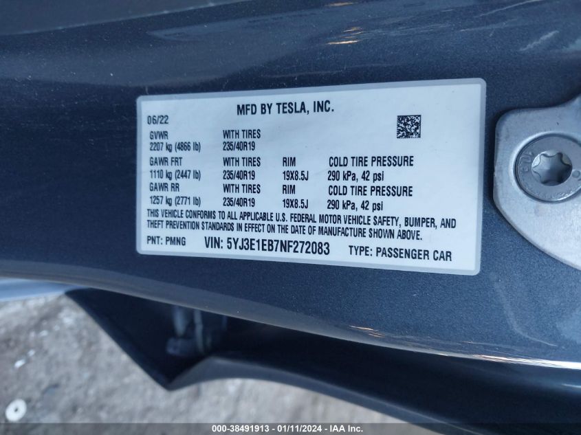 2022 TESLA MODEL 3 LONG RANGE DUAL MOTOR ALL-WHEEL DRIVE - 5YJ3E1EB7NF272083