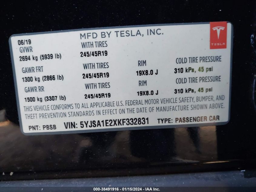 2019 TESLA MODEL S 100D/75D/LONG RANGE/STANDARD RANGE - 5YJSA1E2XKF332831