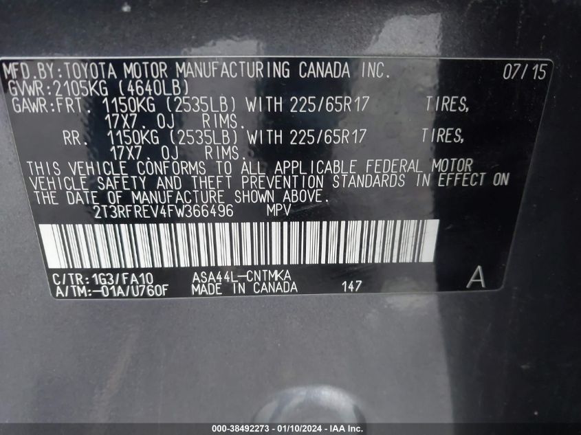 2015 TOYOTA RAV4 XLE - 2T3RFREV4FW366496