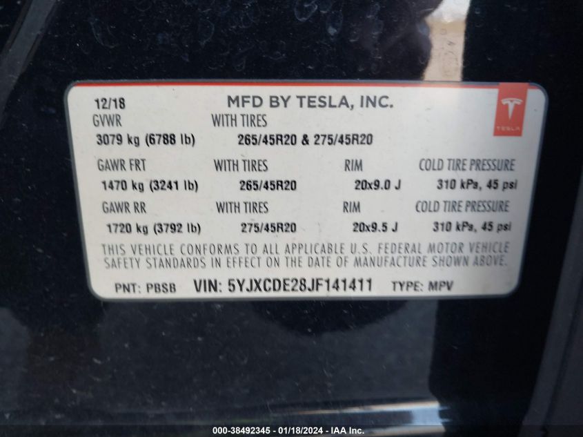 2018 TESLA MODEL X 100D/75D/P100D - 5YJXCDE28JF141411