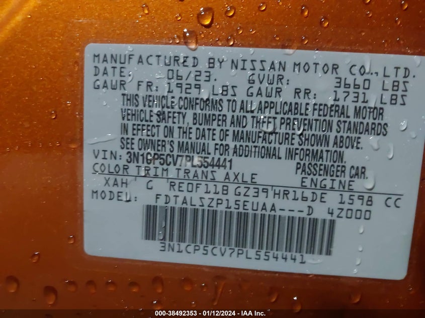 VIN 3N1CP5CV7PL554441 2023 NISSAN KICKS SV XTRONIC CVT