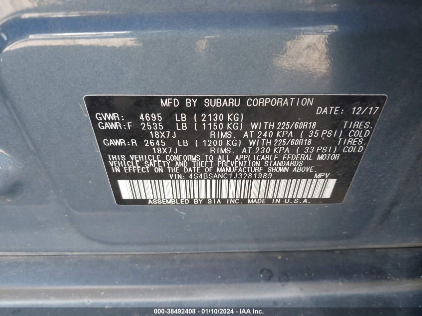 2018 SUBARU OUTBACK 2.5I LIMITED - 4S4BSANC1J3281989