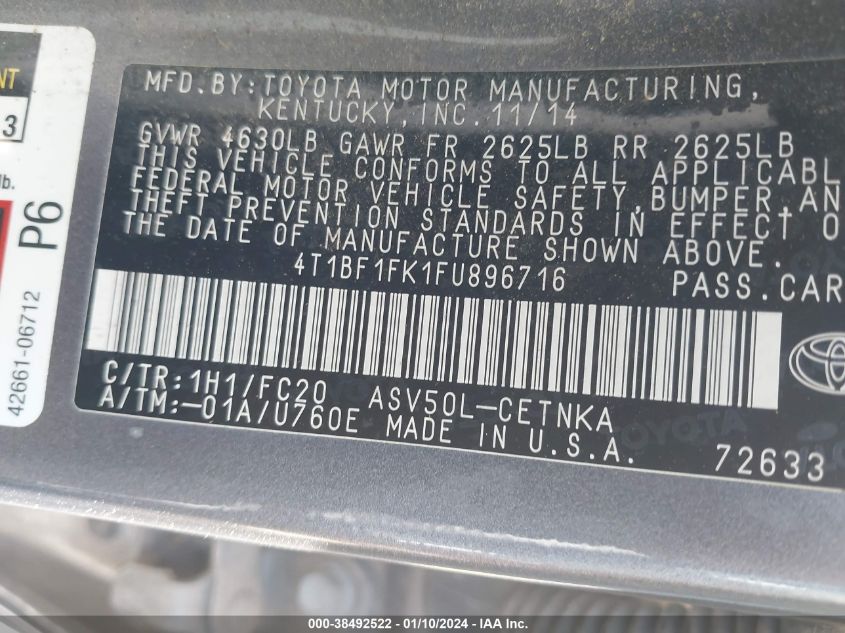 2015 TOYOTA CAMRY LE/XLE/SE/XSE - 4T1BF1FK1FU896716