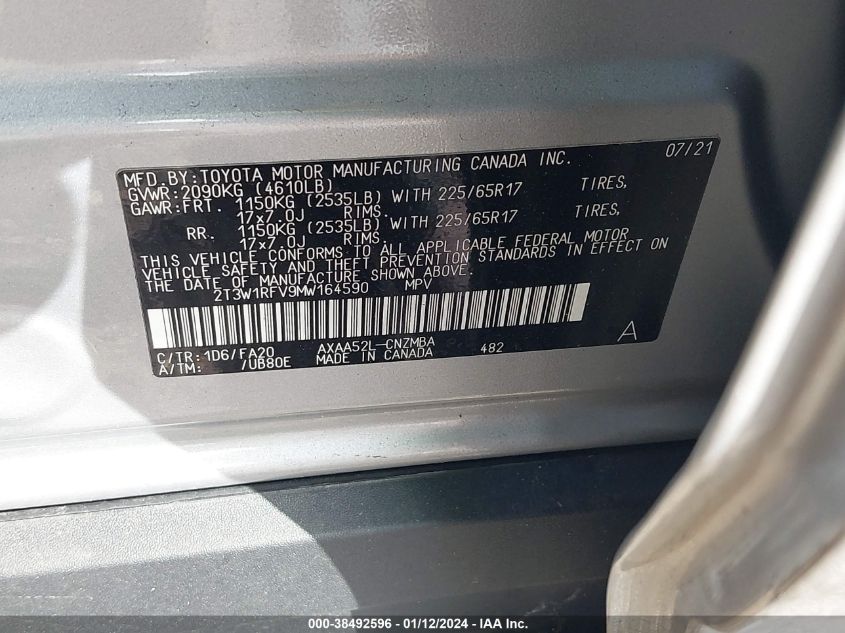 2021 TOYOTA RAV4 XLE/XLE PREMIUM - 2T3W1RFV9MW164590