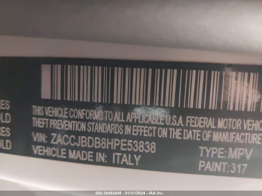 VIN ZACCJBDB8HPE53838 2017 JEEP RENEGADE LIMITED 4X4