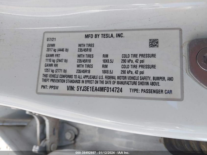 2021 TESLA MODEL 3 - 5YJ3E1EA4MF014724