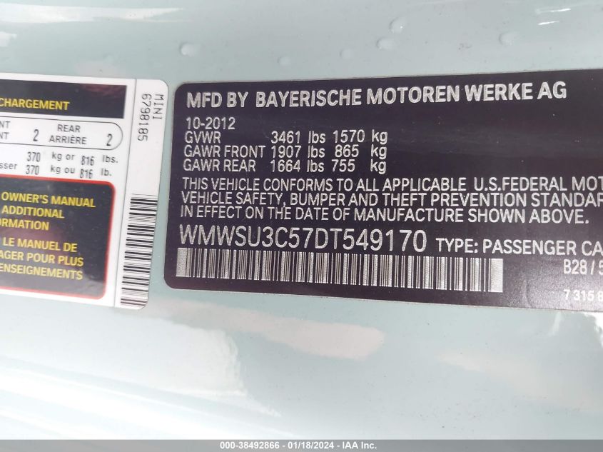 2013 MINI HARDTOP COOPER - WMWSU3C57DT549170