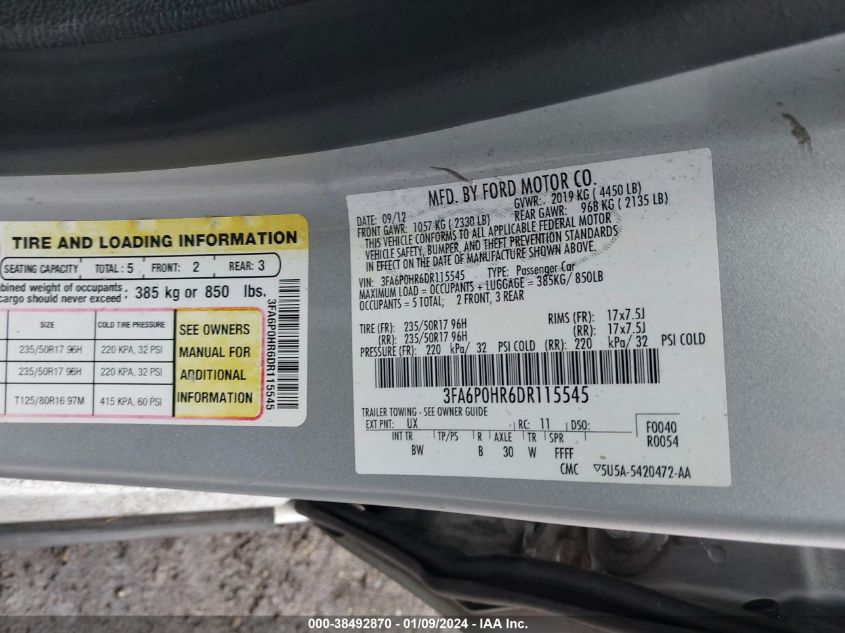 2013 FORD FUSION SE - 3FA6P0HR6DR115545