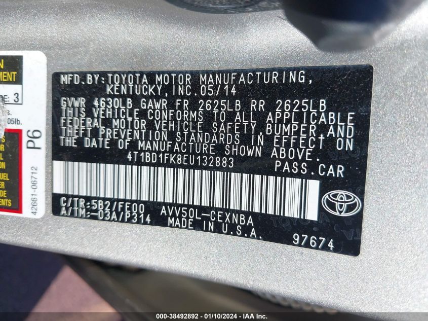 2014 TOYOTA CAMRY HYBRID LE/SE LIMITED EDITION/XLE - 4T1BD1FK8EU132883