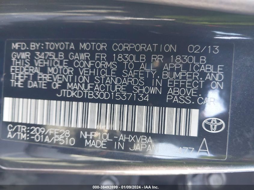 2013 TOYOTA PRIUS C ONE - JTDKDTB30D1537134