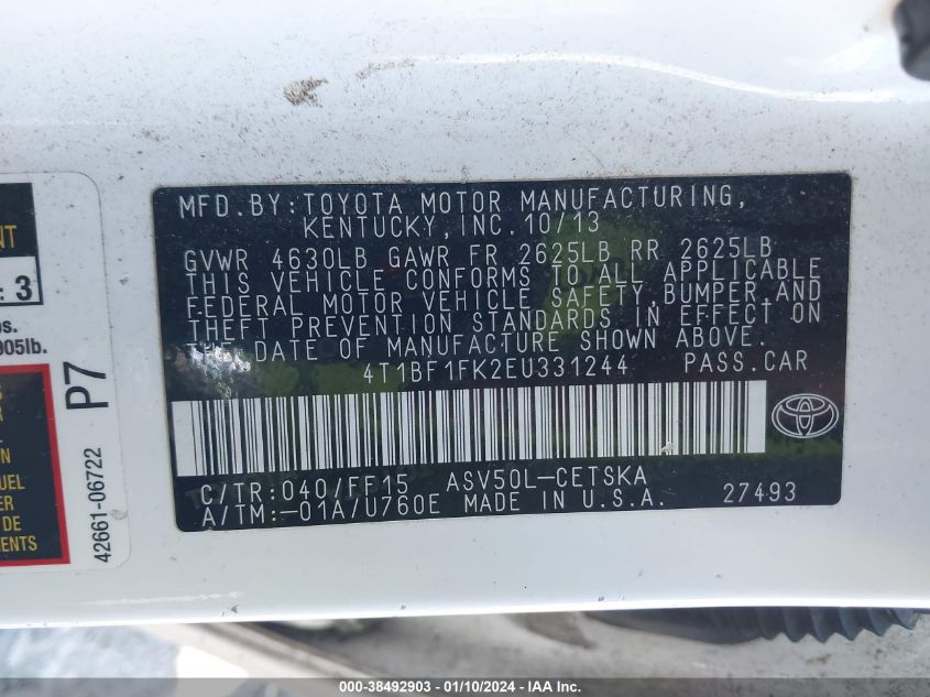 2014 TOYOTA CAMRY L/SE/LE/XLE - 4T1BF1FK2EU331244