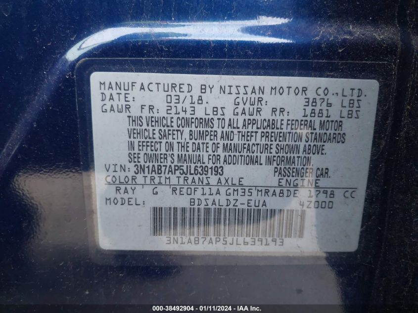 2018 NISSAN SENTRA S/SV/SR/SL - 3N1AB7AP5JL639193