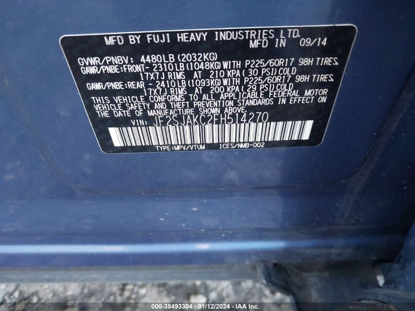 2015 SUBARU FORESTER 2.5I LIMITED - JF2SJAKC2FH514270