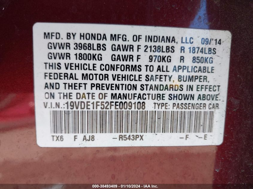 2015 ACURA ILX 2.0L - 19VDE1F52FE009108