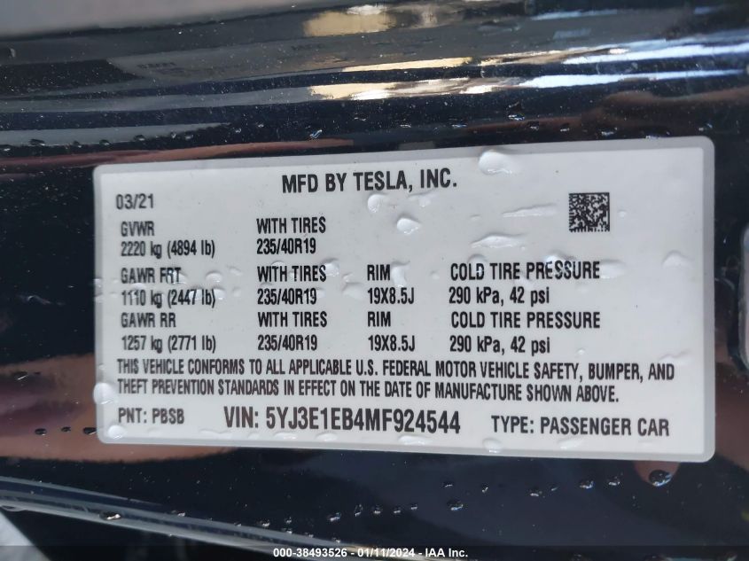 2021 TESLA MODEL 3 LONG RANGE DUAL MOTOR ALL-WHEEL DRIVE - 5YJ3E1EB4MF924544