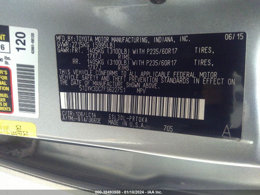 2015 TOYOTA SIENNA XLE/LIMITED - 5TDYK3DC7FS622751