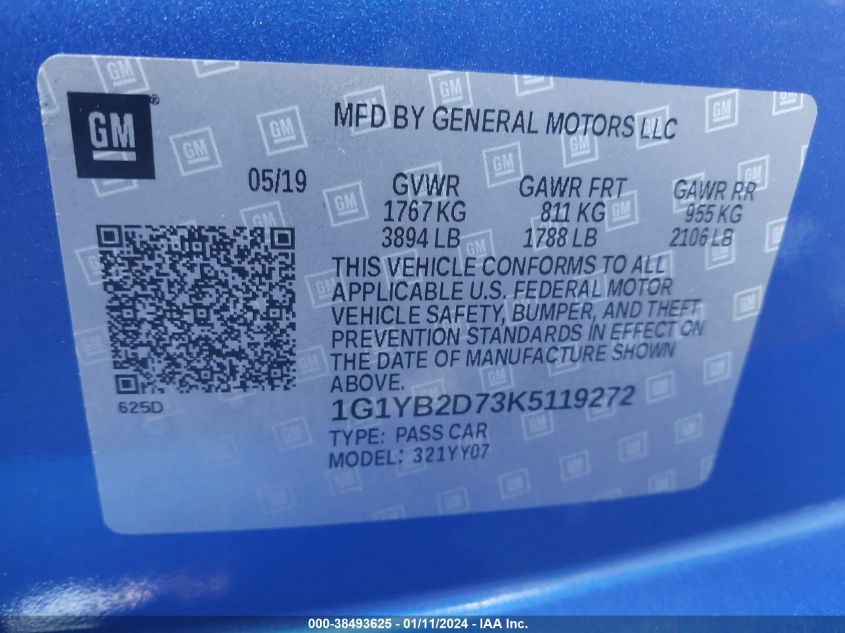 2019 CHEVROLET CORVETTE STINGRAY - 1G1YB2D73K5119272