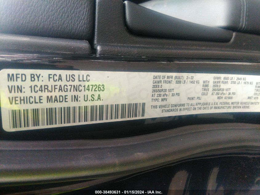 2022 JEEP GRAND CHEROKEE WK LAREDO X 4X4 - 1C4RJFAG7NC147263