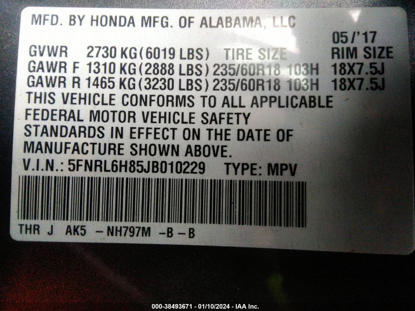 5FNRL6H85JB010229 2018 HONDA ODYSSEY, photo no. 9