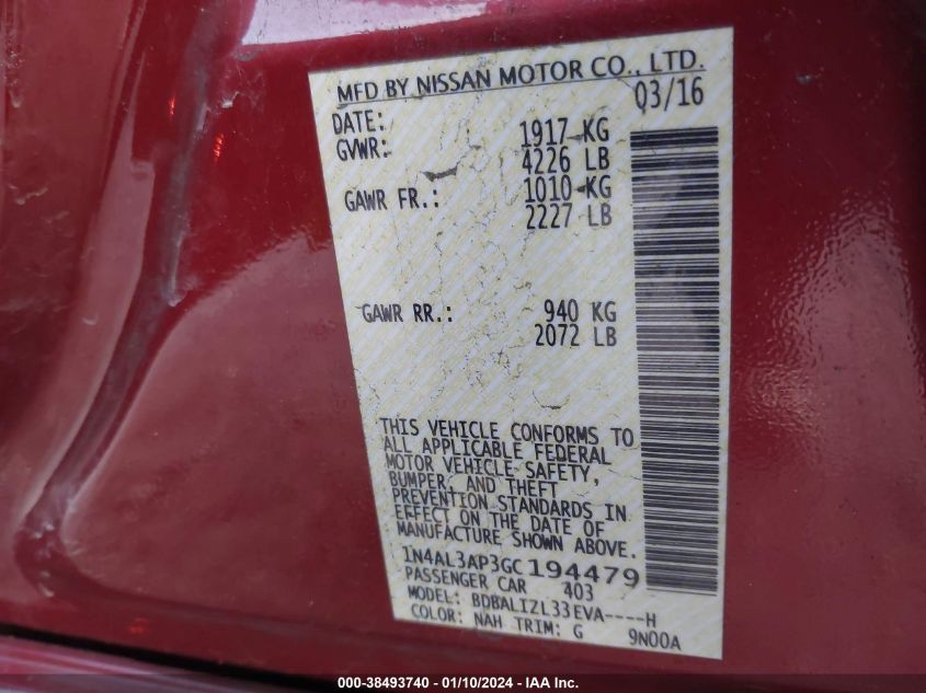 2016 NISSAN ALTIMA 2.5/S/SV/SL/SR - 1N4AL3AP3GC194479
