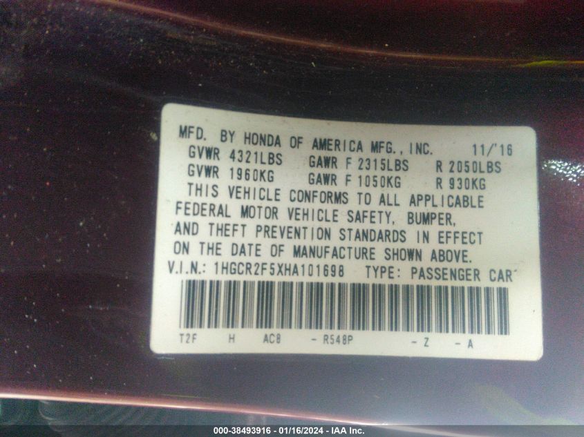 2017 HONDA ACCORD SPORT - 1HGCR2F5XHA101698