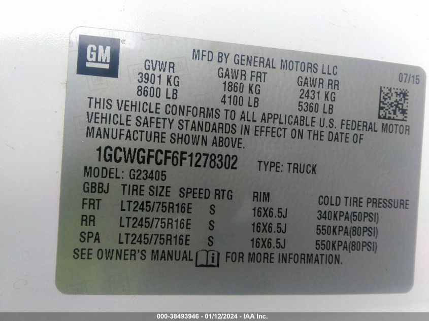 2015 CHEVROLET EXPRESS 2500 WORK VAN 1GCWGFCF6F1278302
