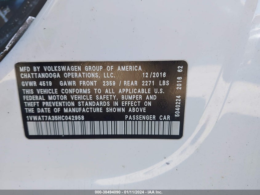 VIN 1VWAT7A35HC042958 2017 VOLKSWAGEN PASSAT S