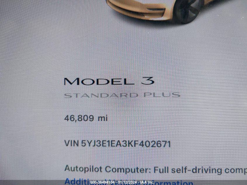 2019 TESLA MODEL 3 - 5YJ3E1EA3KF402671