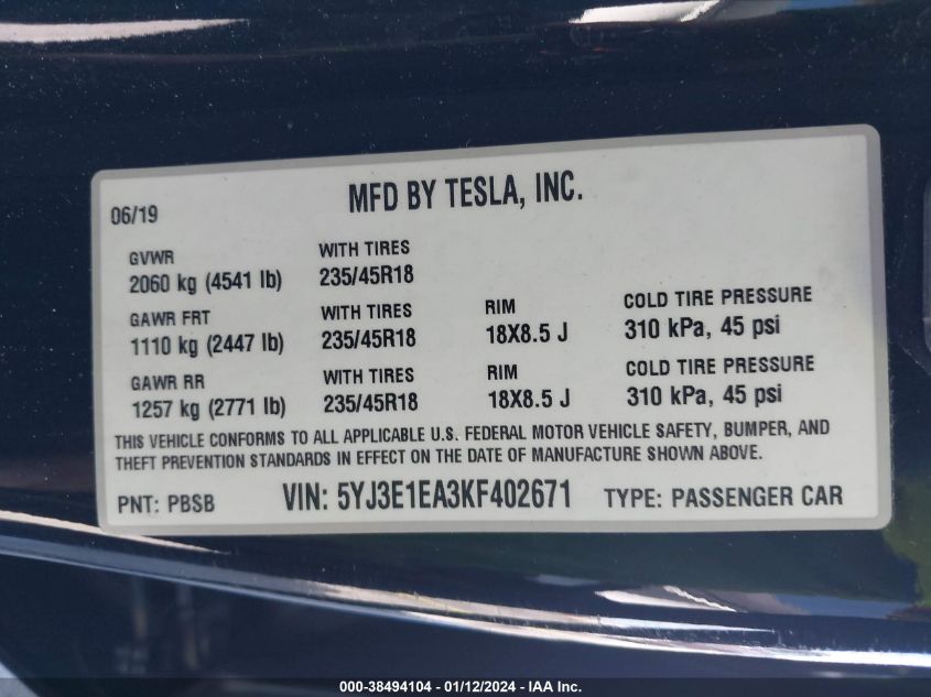 2019 TESLA MODEL 3 - 5YJ3E1EA3KF402671