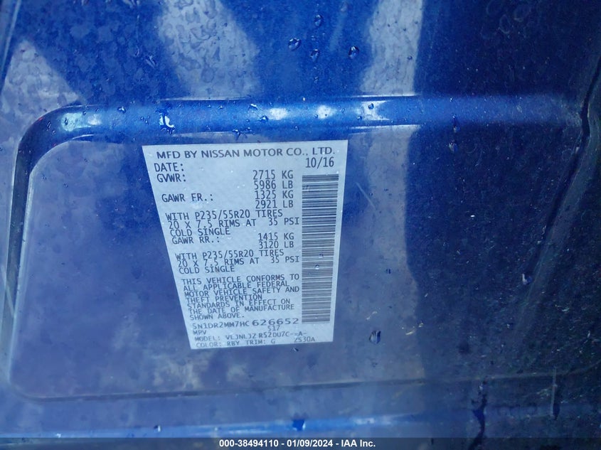 VIN 5N1DR2MM7HC626652 2017 NISSAN PATHFINDER PLATINUM