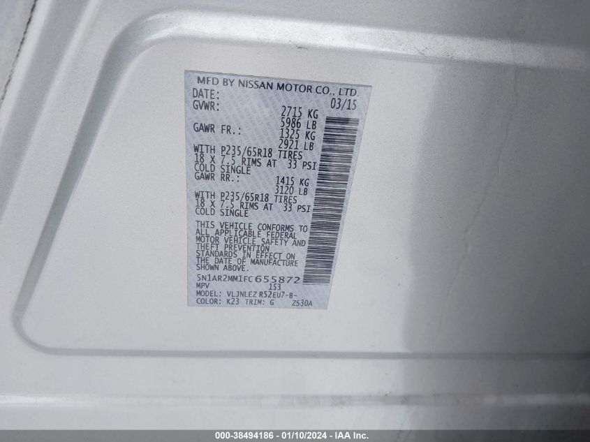 2015 NISSAN PATHFINDER S/SV/SL/PLATINUM - 5N1AR2MM1FC655872