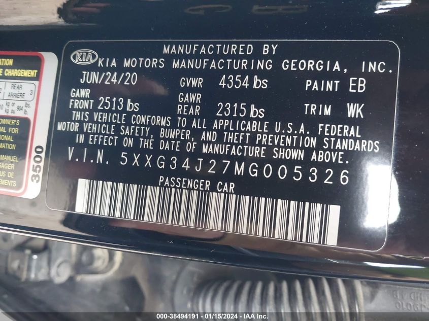 2021 KIA K5 EX - 5XXG34J27MG005326
