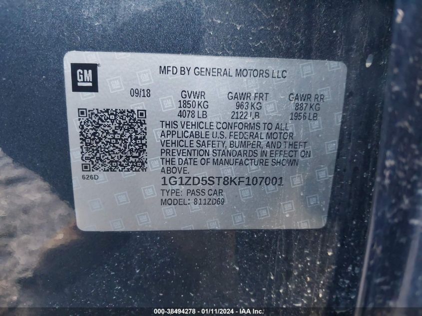 2019 CHEVROLET MALIBU LT - 1G1ZD5ST8KF107001