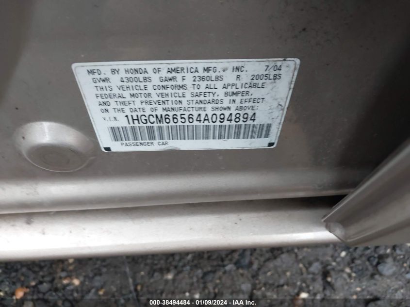 1HGCM66564A094894 | 2004 HONDA ACCORD