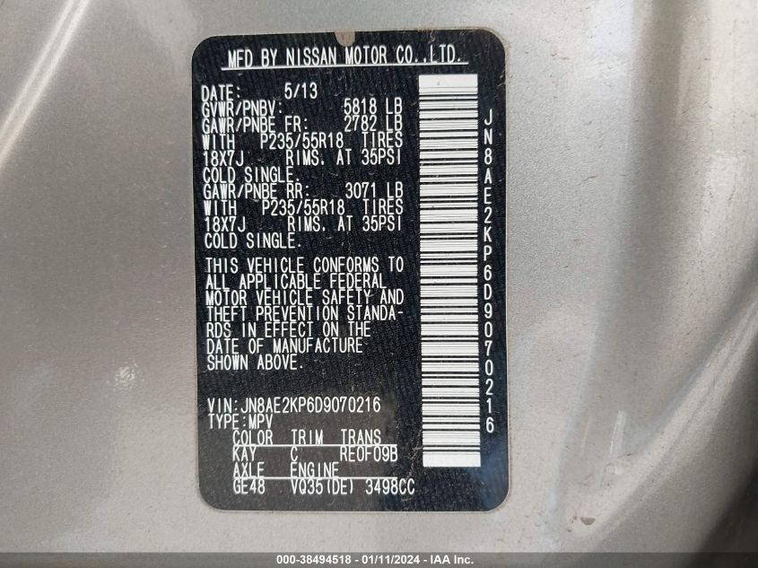 2013 NISSAN QUEST LE - JN8AE2KP6D9070216