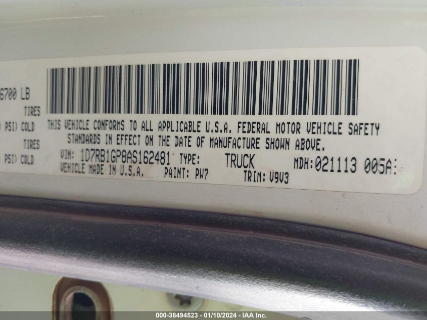 1D7RB1GP8AS162481 | 2010 DODGE RAM 1500